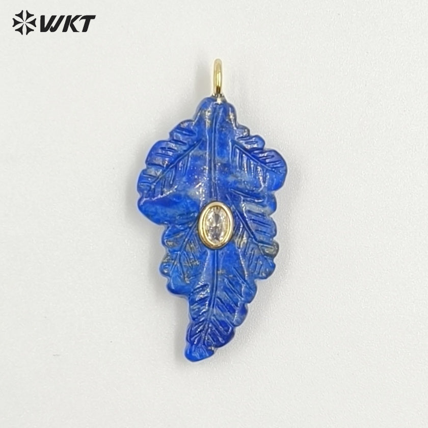 WT-P2094 High Quality Zircon Setting In Natural Gemstones Hand Carved Leaf Shape Pendants For Trendy Necklace Decorations