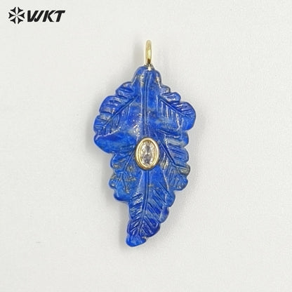 WT-P2094 High Quality Zircon Setting In Natural Gemstones Hand Carved Leaf Shape Pendants For Trendy Necklace Decorations