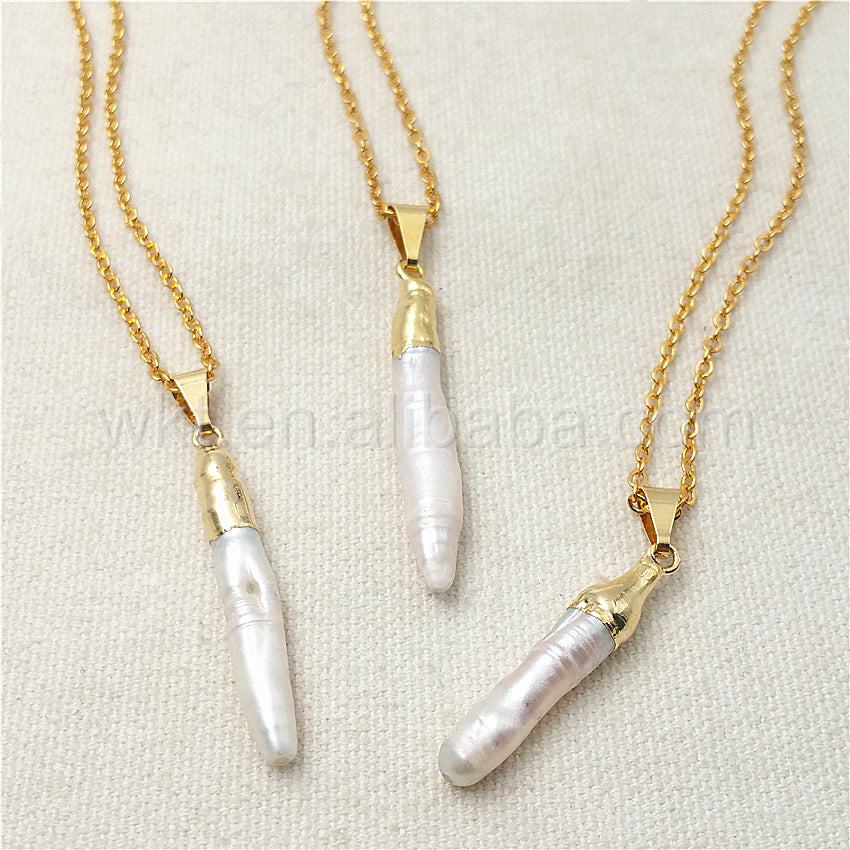 WT-N830 5*30mm New Wholesale Elegant Long Pearl Stick Pendant Necklace, Natural Pearl With Gold Plated Pendant Necklace