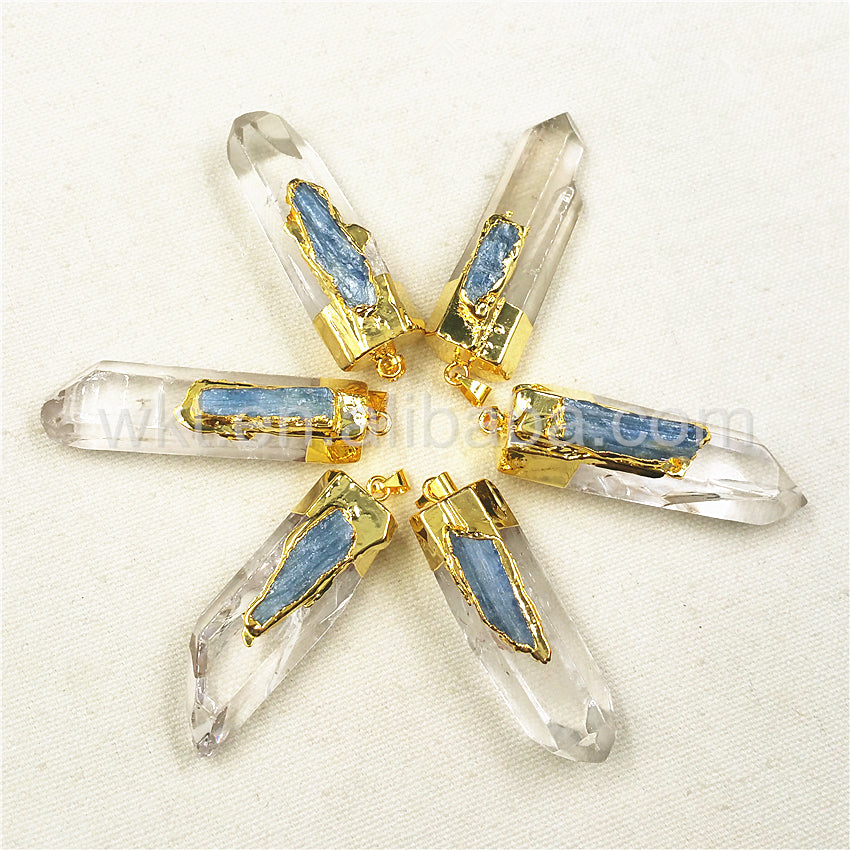 WT-P880 Newest Raw Crystal Quartz Point Pendant with Blue Kyanite Charm, Fashion Gold Plated clear Crystal Quartz Pendant