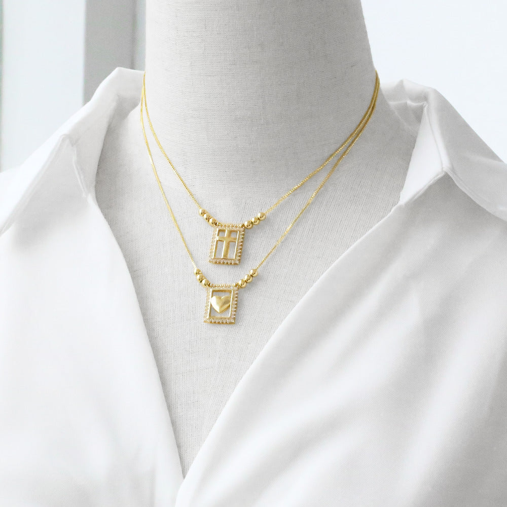 WT-JFN61 Wholesale Exquisite 18K Gold Plated Brass And Zircon Cross Heart Pattern Rectangle Pendant Necklace For Female Gifts
