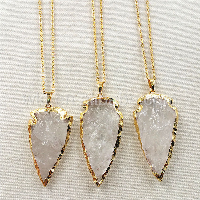 WT-N791Wholesale Big Size 2 Inch Long Hammer Raw Crystal Quartz Arrowhead Necklace with 24k Real Gold Plated