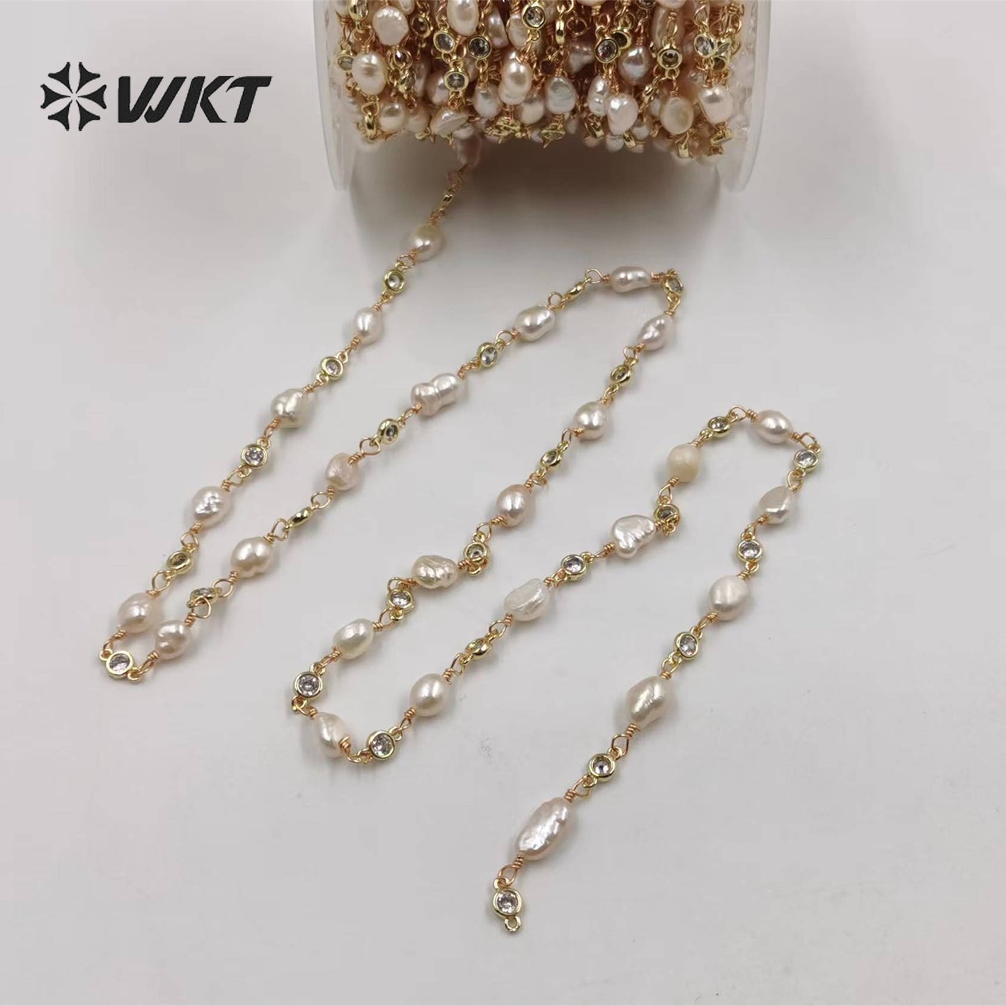 WT-RBC209 Hot Sale Delicate Pearl Chain Natural Pearl with 18k Real Gold Plated for Jewelry Necklace Bracelet DIY Pearl Chain
