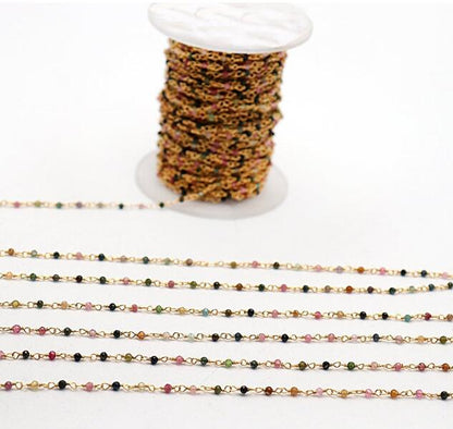 WT-RBC190 Wholesale Fashion Gold Electroplated Colorful Natural Tourmaline Beads Chain Handmade Stone Made Rosary Beads Chain