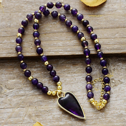 WT-N1487 High Quality Unique Design Hand Strand Round Stone Beads Necklace With Long Heart Pendant in 18 Inch Long