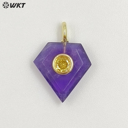 WT-P2052 New Arrival Zircon Gold Plated Rose Quartz Natural Gemstones Diamond Shape Charms Pendants For Handmade Gift Accessory
