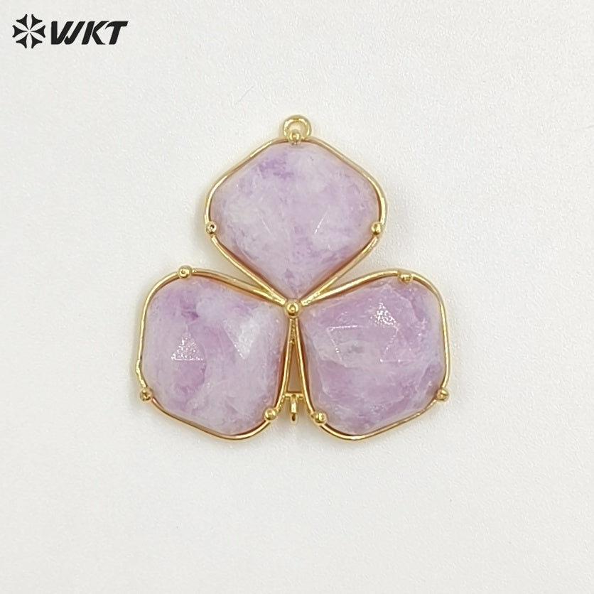 WT-P2129 Beautiful Gold Electroplated Three Natural Gemstones Leaf Shape Pendants As Handmade Jewelry Decorative Findings
