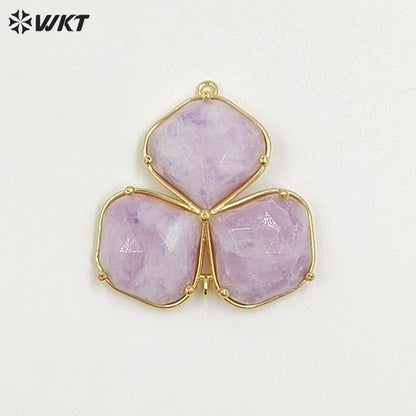 WT-P2129 Beautiful Gold Electroplated Three Natural Gemstones Leaf Shape Pendants As Handmade Jewelry Decorative Findings