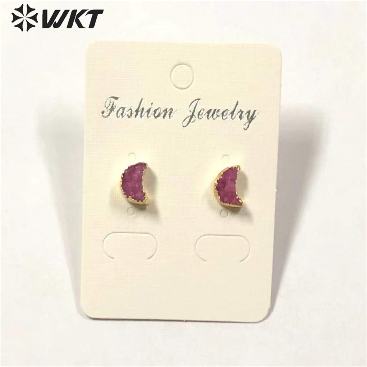 WT-E282 Design Lovely Natural Druzy Quartz Crescent Earring Colorful Tiny Moon Quartz Stud Earring With 24k Gold Electroplated