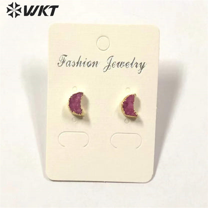 WT-E282 Design Lovely Natural Druzy Quartz Crescent Earring Colorful Tiny Moon Quartz Stud Earring With 24k Gold Electroplated