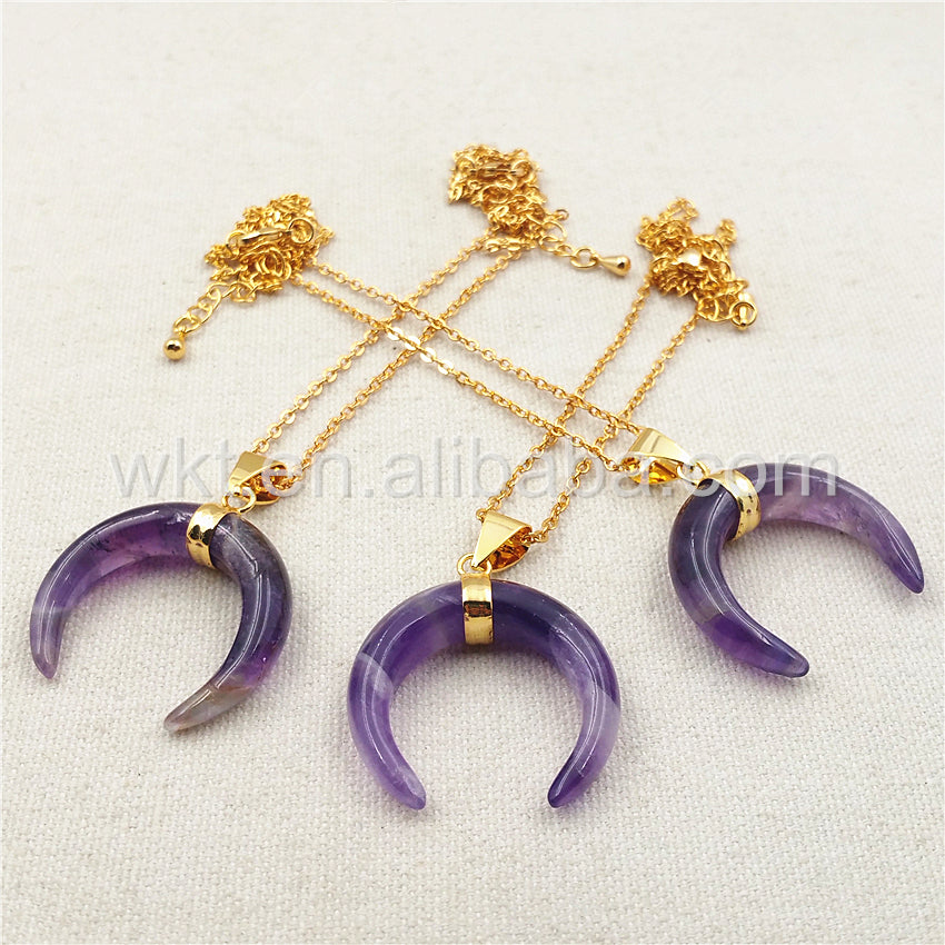 WT-N851 All-match Amethyst Horn Necklace ,Women Stone Horn Necklace & Pendant Purple Amethyst with Gold Chain Horn Necklace