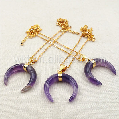 WT-N851 All-match Amethyst Horn Necklace ,Women Stone Horn Necklace & Pendant Purple Amethyst with Gold Chain Horn Necklace