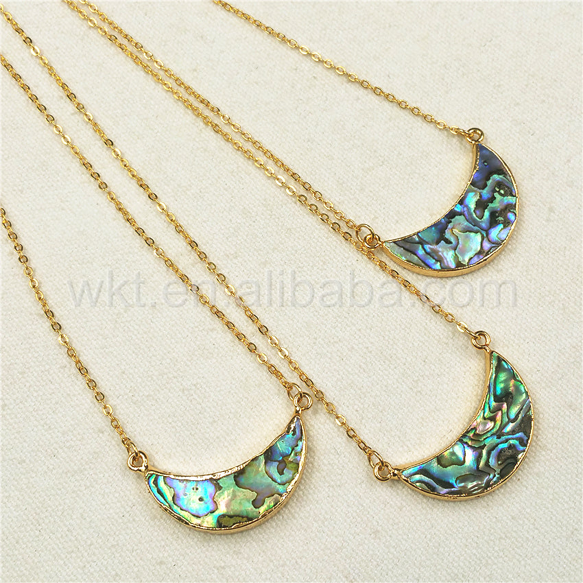 WT-N770 Newest Natural Gold Plated Abalone Crescent Moon Necklace, Hot Fashion Double Loops Abalone Crescent Moon Necklace