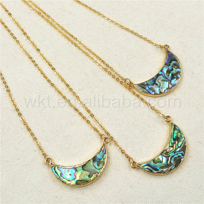WT-N770 Newest Natural Gold Plated Abalone Crescent Moon Necklace, Hot Fashion Double Loops Abalone Crescent Moon Necklace