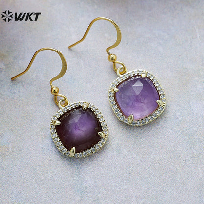 WT-E781 Porcelain High Quality Gemstones Women Earrings Natural Amethyst Amazonite Stone Square Shape For Birthday Gift