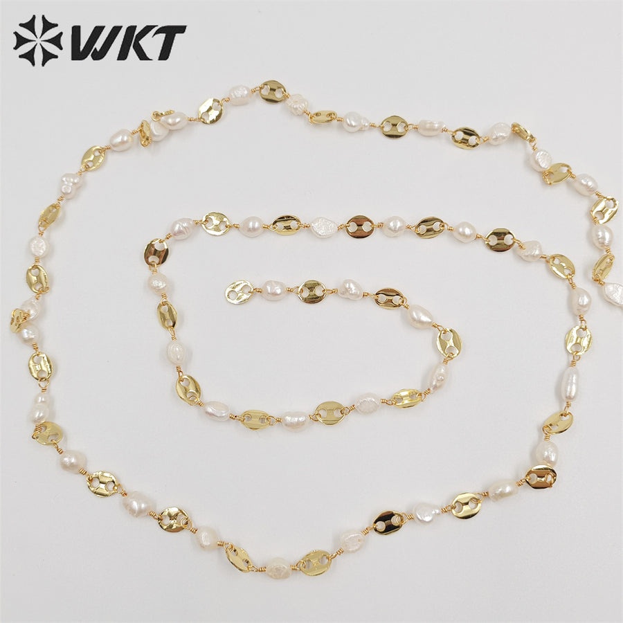 WT-RBC210 New Gold Electroplated Resist Tarnishable Freshwater Pearl Mixcure Chain for Jewelry Design Finding Bean Shape Chain