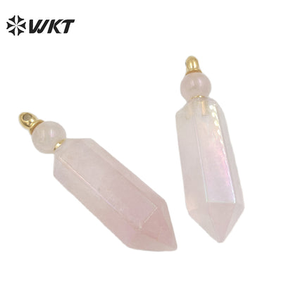WT-P1788 Delicate Texture Natural Stone Rose Quartz With Aura Hexagonal Prism Pendant Elegant for Women Gifts Quartz Pendant
