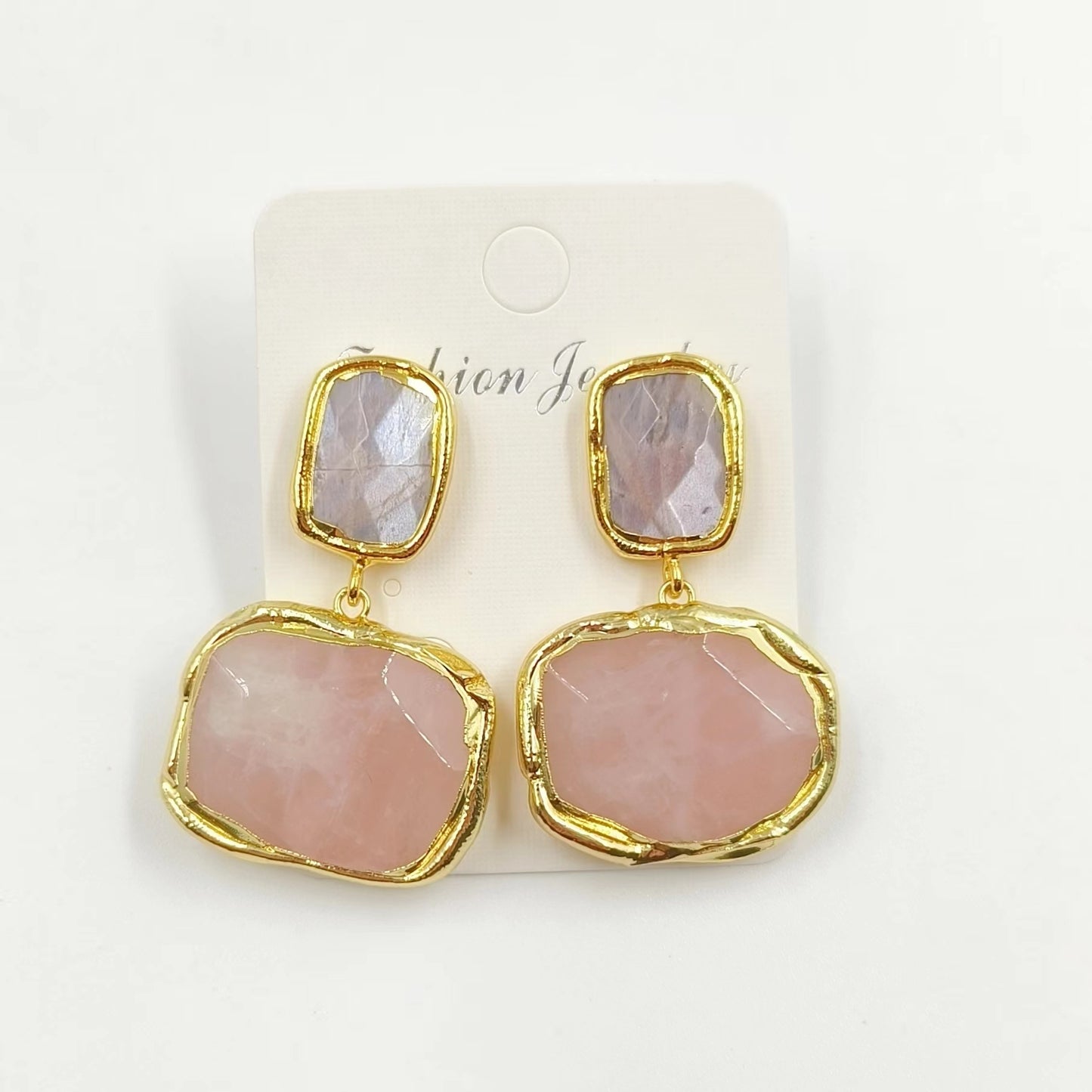 WT-E742 Newest Women Precious Natural Faceted Sun Stone Made in 18K Real Gold Plated Europe Populared Rose Quartz Earrings