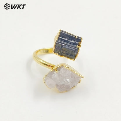 WT-R495 Amazing WKT New Design Natural Double Stone Druzy Crystal Quart and Black Tourmaline Stone Ring in Adjustable Size