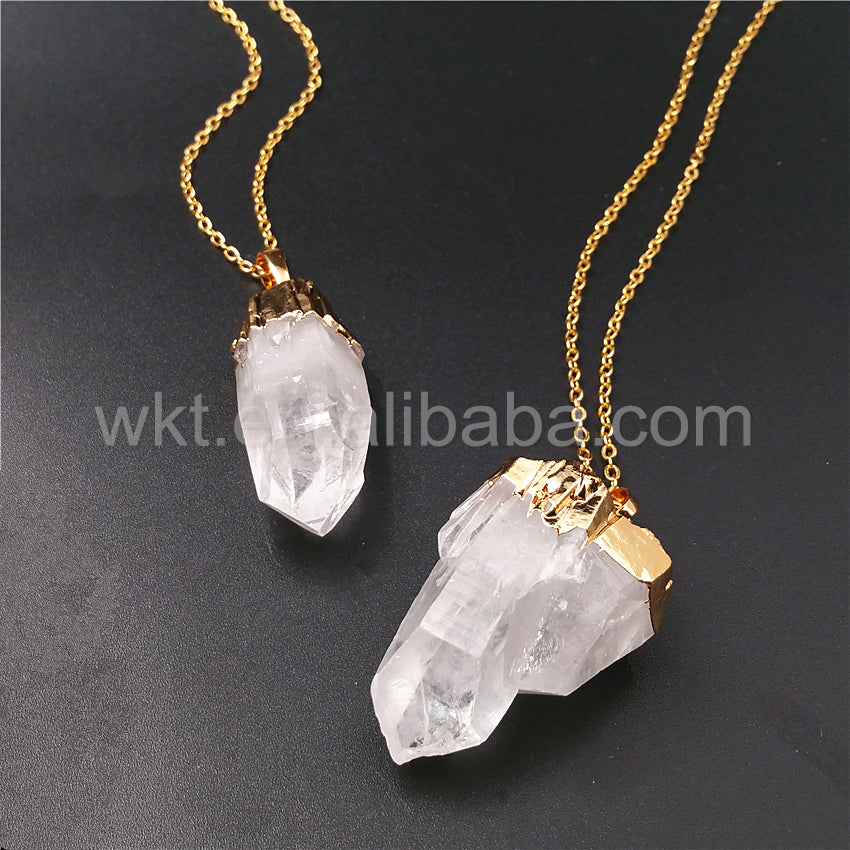 WT-N828 Beautiful Natural Crystal Quartz Point Necklace in Randomly,Fashion 24k Real Gold Dipped Crystal Quartz Point Necklace