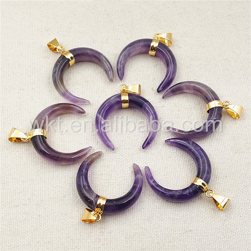 WT-P987 Wholesale Beautiful Amethyst Stone Pendant Fashion Crescent Moon Shape With Gold Plated Moon Stone Pendant