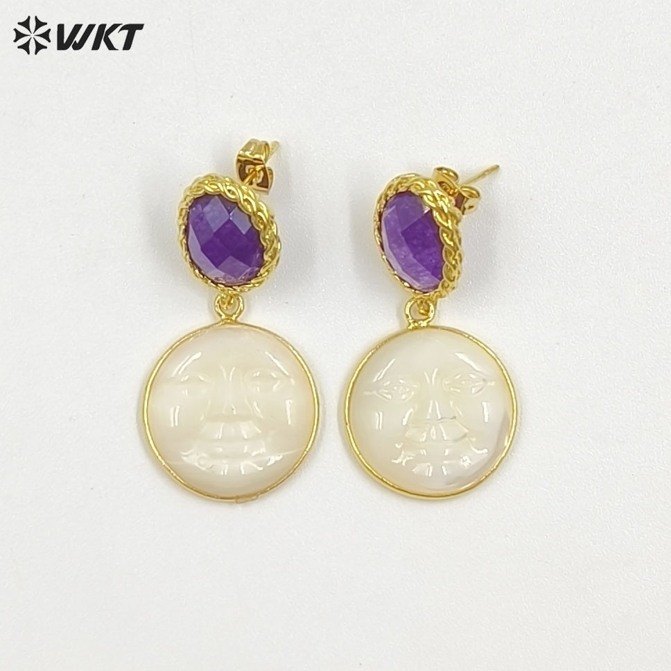 WT-MPE192 Unique Style Gold Plated Natural Jade And Shell Carved Face Shape Pendant Earrings For Female Special Party Gift