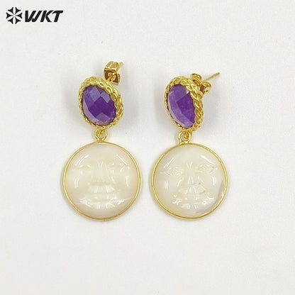 WT-MPE192 Unique Style Gold Plated Natural Jade And Shell Carved Face Shape Pendant Earrings For Female Special Party Gift