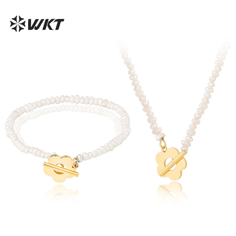 WT-MPB050 Vintage Simple Pearl Bracelet Stainless Steel Flower Connection Pearl Bracelet Women's Jewelry Pearl Bracelet