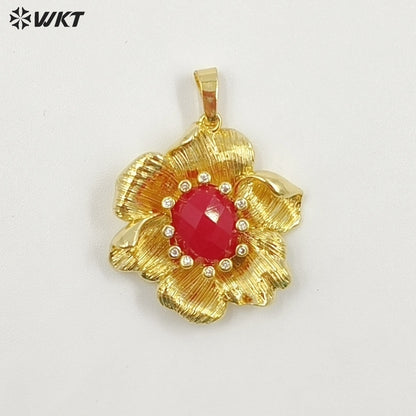 WT-P2049 Amazing Gold Plated Zircon And Multi Colors Natural Gemstones Flower Shape Pendants For Necklace Making Findings