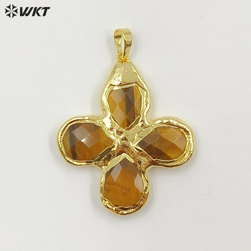 WT-P2055 Popular Sale 18K Gold Plated Tiger Eye Natural Gemstones Cross Pendants For Trendy Necklace Making Accessories