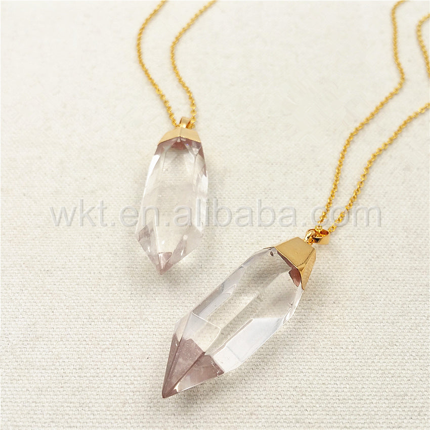 WT-N872 Amazing Clear Crystal Quartz Point Necklace for Holiday Gift,Natural Quartz With 24k Real Gold Plated Point Necklace