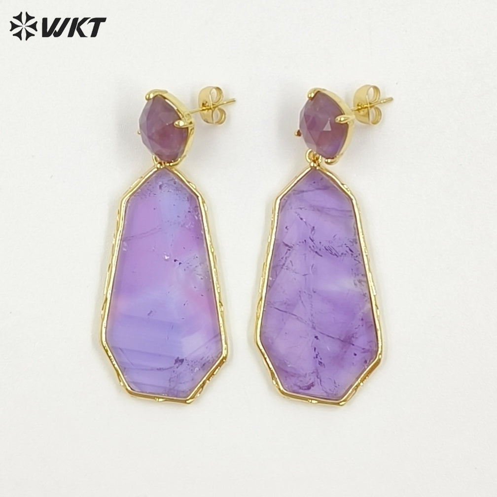 WT-E826 Factory Wholesale Gold Plated Colorful Natural Gemstones Long Earrings For Female Party Wearing Jewelry Accessory