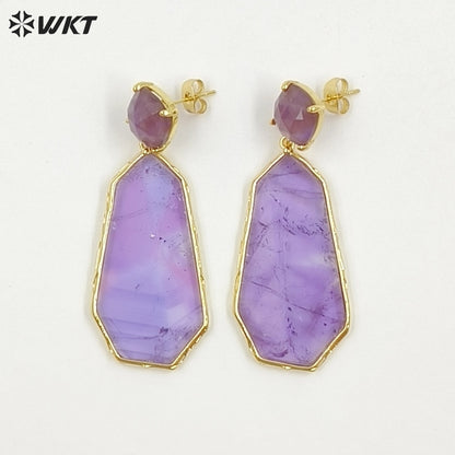 WT-E826 Factory Wholesale Gold Plated Colorful Natural Gemstones Long Earrings For Female Party Wearing Jewelry Accessory