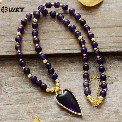 WT-N1487 High Quality Unique Design Hand Strand Round Stone Beads Necklace With Long Heart Pendant in 18 Inch Long