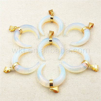 WT-P986 Amazing Natural Crescent Opal Pendant,Beautiful 10*35mm Raw Opal Stone Pendant With 24k Real Gold Plated Loop