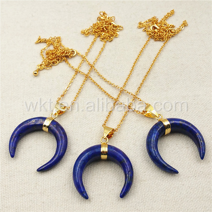 WT-N852 Newest Blue Lapis Stone Horn Necklace with 18" Gold Plated in High Quality Natural Stone Lapis Horn Necklace Wholesale
