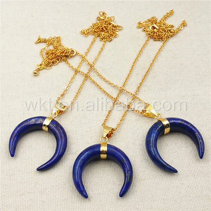 WT-N852 Newest Blue Lapis Stone Horn Necklace with 18" Gold Plated in High Quality Natural Stone Lapis Horn Necklace Wholesale