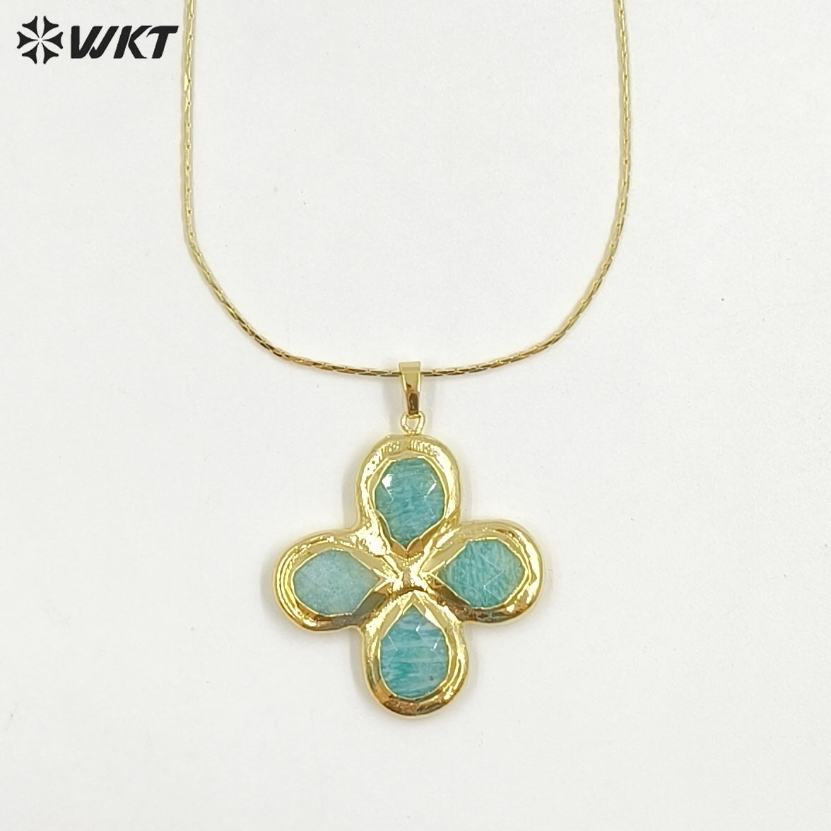 WT-N1542 Popular Fashion Gold Plated Thin Chain With Natural Gemstone Four Leaf Clover Pendant Necklace For Lady Birthday Gift