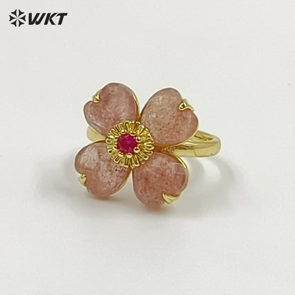 WT-R602 Gorgeous Design Gold Plated Zircon And Colorful Natural Gemstone Flower Shape Rings Adjustable For Party Wearing Jewelry
