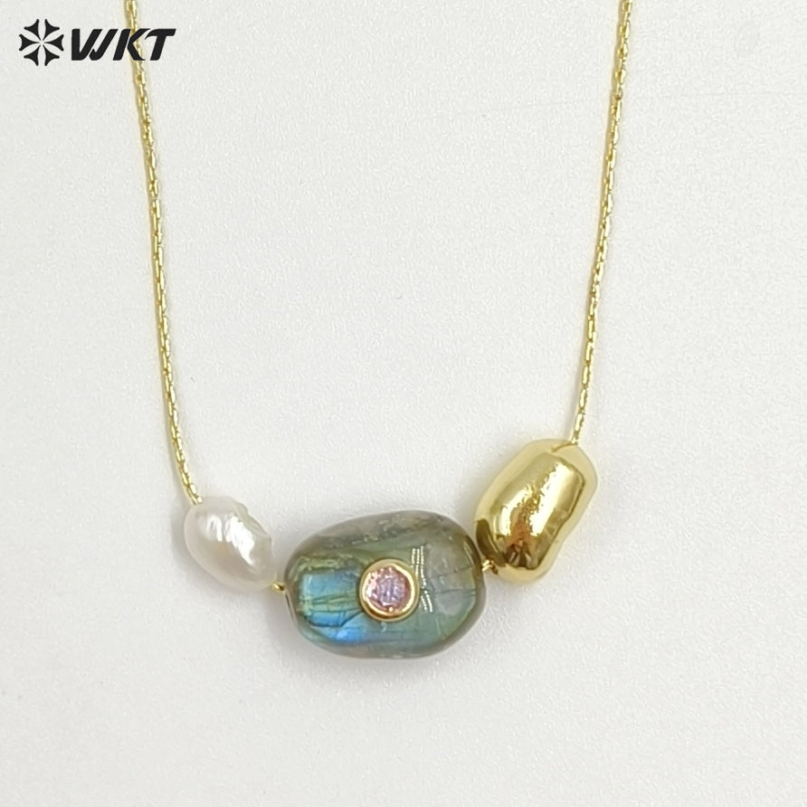 WT-N1541 Elegant Trendy Style Gold Electroplated Tiny Chain With Natural Gemstone And Pearl Pendant Necklace For Daily Wearing