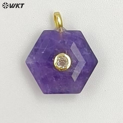 WT-P2060 Popular Trendy Round Zircon And Various Natural Gemstones Geometric Hexagon Pendants For Lady Necklace Handmade Jewelry