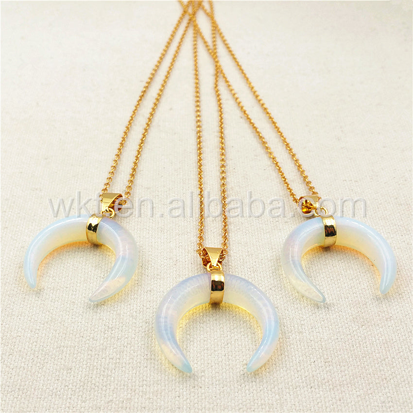 WT-N850 Wholesale Charm Opal Horn Necklace & Pendant,18" Gold Chain Horn Necklace Natural Opal Stone Design Horn Necklace