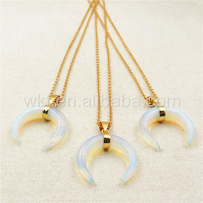 WT-N850 Wholesale Charm Opal Horn Necklace & Pendant,18" Gold Chain Horn Necklace Natural Opal Stone Design Horn Necklace
