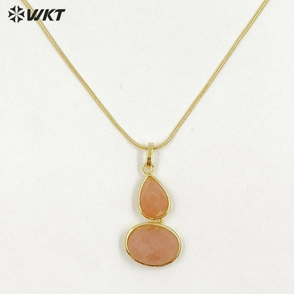 WT-N1537 Trendy Minimalism Gold Plated Thin Chain With Natural Gemstone Gourd Shape Pendant Necklace For Women Daily Wearing