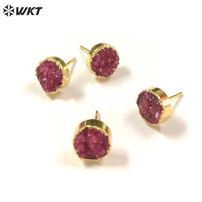 WT-E155 Wholesale Fashion 18k Real Gold Plated Natural Stone Studs Earrings Fashion Women Gold Trim Round Druzy Quartz Studs
