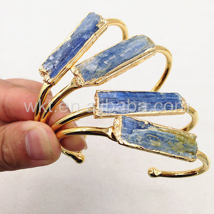 WT-B243 Beautiful Rough Blue Kyanite 24k Gold Plated Cuff Bangle, Natural Blue Kyanite Stone Cuff Bangle