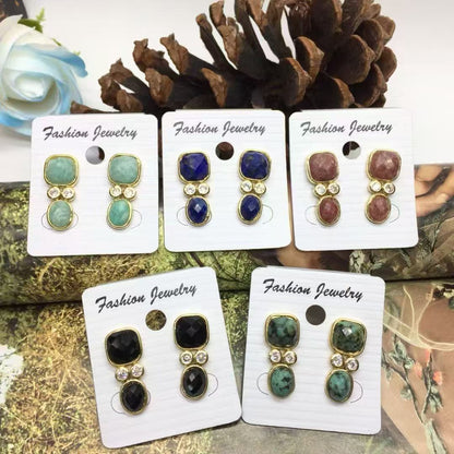 WT-E811 Modern Style Gold Plated Double Zircons And Natural Gemstones Square Oval Shape Women Earrings For Mother‘s Day Gifts