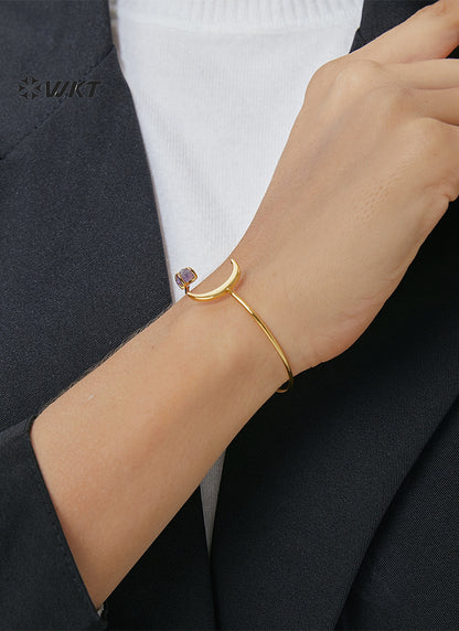 WT-MB130 Resist Tarnishable Elegant Women Bangle Moon Shape With Amethyst and Zircon Gold Color Fashion Jewelry High Quality