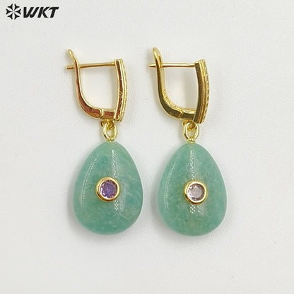 WT-E798 Beautiful Classic Gold Plated Natural Gemstones Setting In Zircon Waterdrop Shape Earrings As Lady Daily Decoration