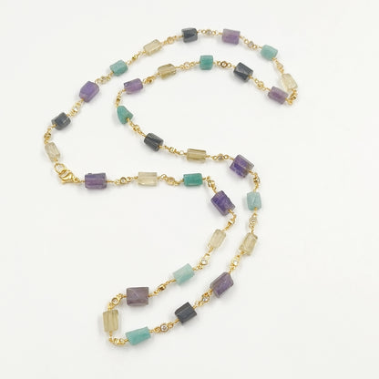 WT-N1433 Handmade Natural Stone Beads Chain 18k Yellow Gold Beads Necklace Gemstone Statement Necklace